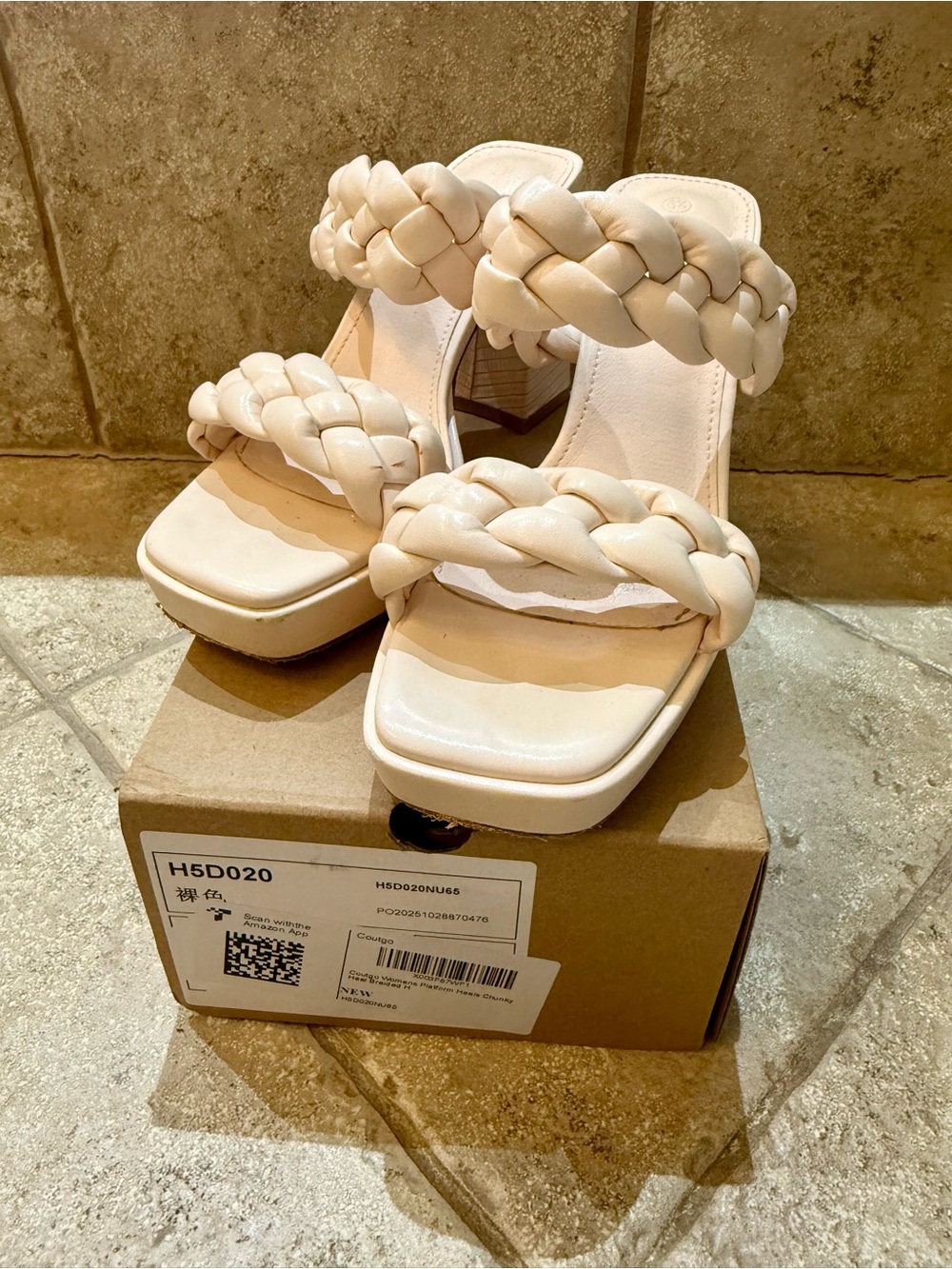 Braided Strap Cream/Buff Platform Heeled Sandals - Women